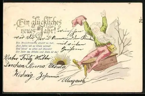 Präge-AK Zwerg auf einem Schlitten im Schnee, Neujahr