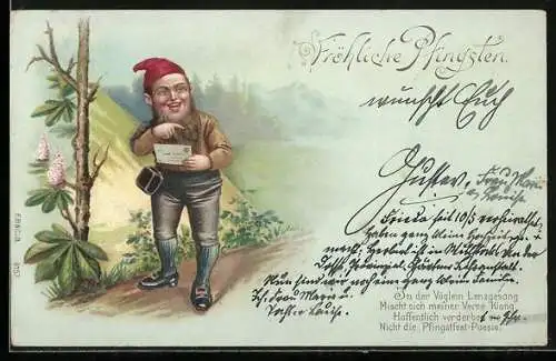 Lithographie Zwerg mit einem Brief, Fröhliche Pfingsten