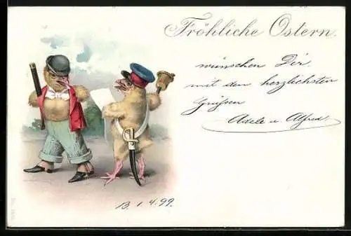 AK Zwei Osterküken, eins in Soldatenmütze mit Glocke