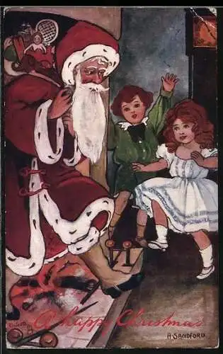 AK Weihnachtsmann kommt soeben durch den Kamin gestiegen und Kinder freuen sich