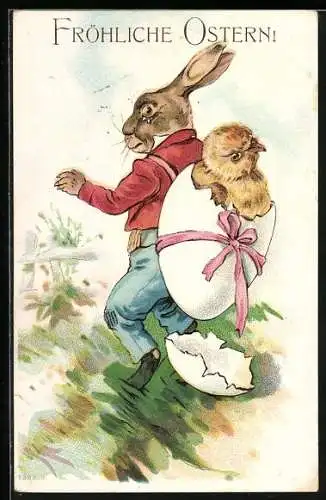 AK Osterhase trägt ein Osterküken in einem Ei auf dem Rücken