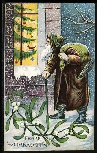 AK St. Nikolaus mit Sack und Weidenzweigen, Frohe Weihnachten