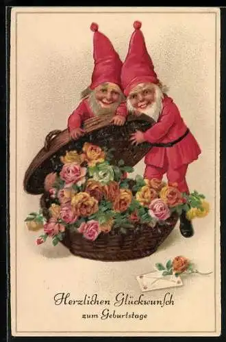 AK Zwerge am Blumenkorb, Geburtstagsgrüsse