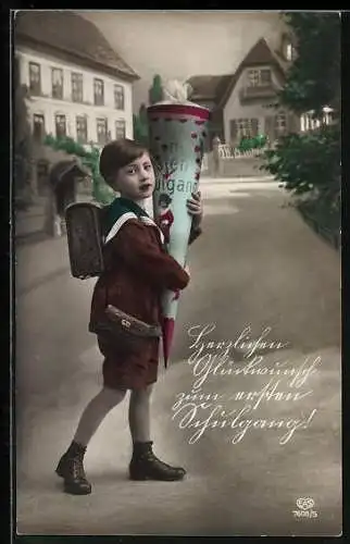 AK Kind mit grosser Schultüte, Herzlichen Glückwunsch zum ersten Schulgang