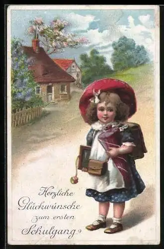 Künstler-AK Kind mit Schultüte und Tafel, Herzlichen Glückwunsch zum ersten Schulgang
