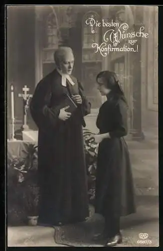 AK Mädchen mit Pfarrer, Die besten Wünsche zur Konfirmation