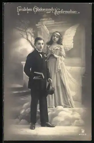 AK Junge mit Bibel und Engel, Herzlichen Glückwunsch zur Konfirmation
