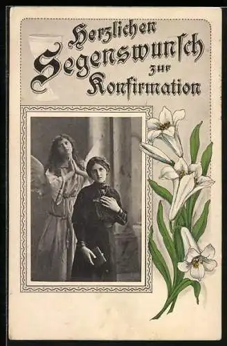 AK Mädchen mit Bibel und Engel, Herzlichen Glückwunsch zur Konfirmation