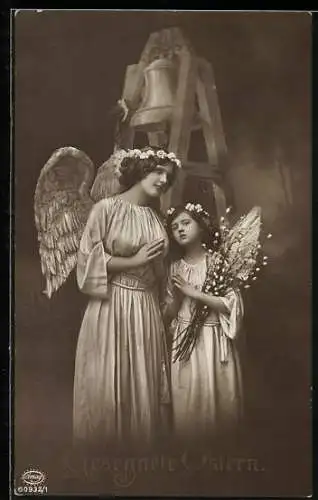 AK Zwei Osterengel mit Weidenkätzchen und einer Glocke