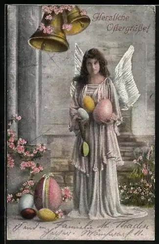 AK Osterengel mit Ostereiern und Glocken