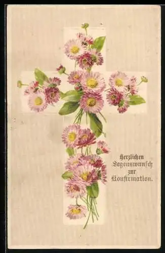 AK Gänseblümchen in einem Kreuz, Herzlichen Segenswunsch zur Konfirmation