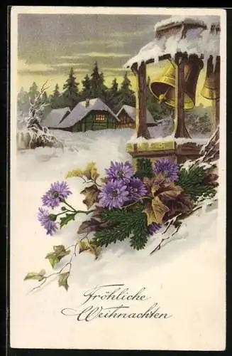 Künstler-AK Glocken läuten in einer Schneelandschaft