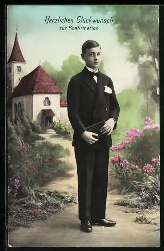 AK Junge im Anzug mit Bibel, Herzlichen Glückwunsch zur Konfirmation
