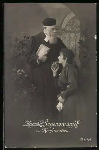 AK Mädchen mit Pfarrer, Herzlichen Glückwunsch zur Konfirmation