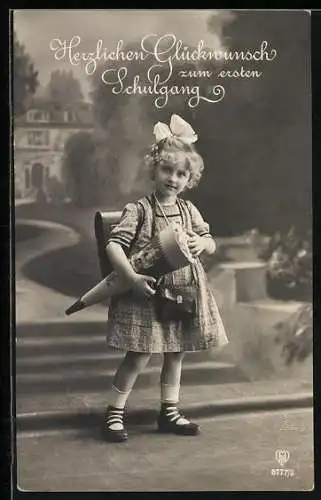 AK Mädchen mit Schultüte und Tasche, Herzlichen Glückwunsch zum ersten Schulgang