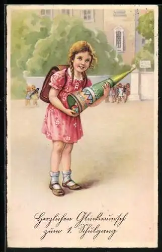 Künstler-AK Zum ersten Schulgang die besten Glückwünsche, Mädchen mit Schultüte