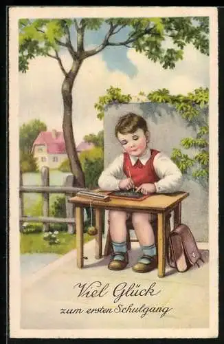Künstler-AK Schulanfang, Junge sitzt draussen am Tisch & schreibt auf Tafel