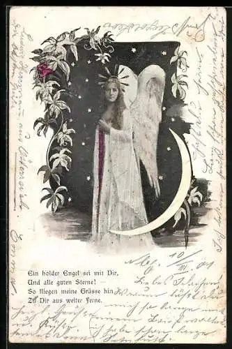 AK Engel mit Heiligenschein und Mondsichel