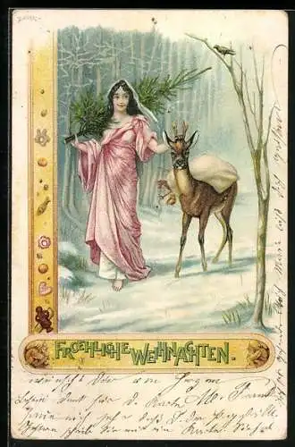 Künstler-AK Weihnachten, junge Frau in rosa Gewand mit Tannenbaum und Reh