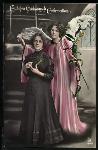 AK Mädchen mit Bibel und Schutzengel, Konfirmation