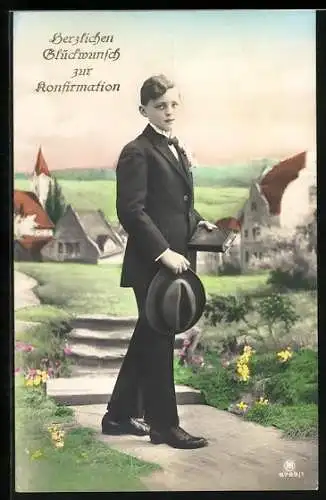 AK Junge mit Bibel und Hut, Konfirmation