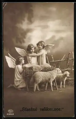 AK Drei Osterengel mit Lämmern