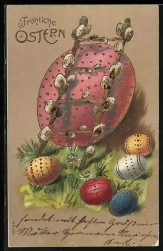 Künstler-AK Fröhliche Ostern!, Ostereier und eine Leiter aus Weidenzweigen