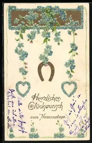 Präge-AK Blumen mit Hufeisen und Herzen, Herzlichen Glückwunsch zum Namenstag