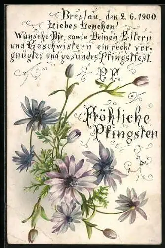 Lithographie Lilane Blumen, Fröhliche Pfingsten