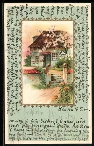 Lithographie Frau vor einem Haus mit blühendem Baum, Fröhliche Pfingsten