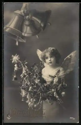 AK Weihnachtsengel mit Tannenbaum und Glocken, Joyeux Noel