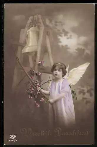 AK Osterengel läutet eine Glocke, Vroolijk Paaschfeest