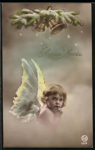 AK Neujahrsengel mit Tannenzweig und Glocken, Bonne Année