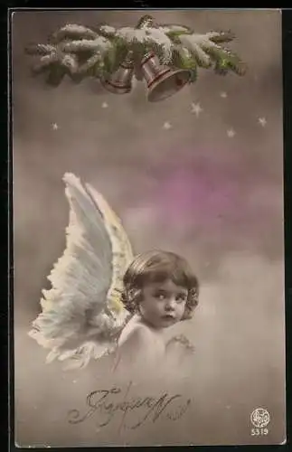 AK Kleiner Weihnachtsengel mit Tannenzweig und Glocken, Joyeux Noel
