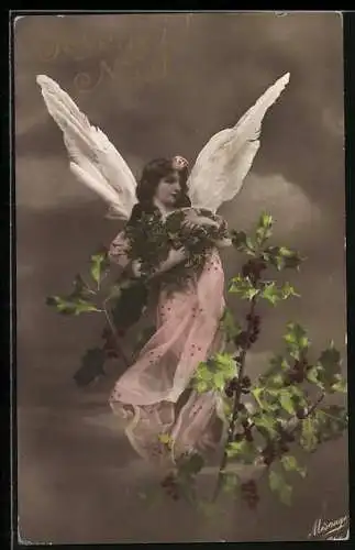 AK Weihnachtsengel mit Tannenzweigen und Stechpalme, Joyeux Noel