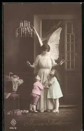 AK Weihnachtsengel wird von zwei Kindern angesehen, Joyeux Noel