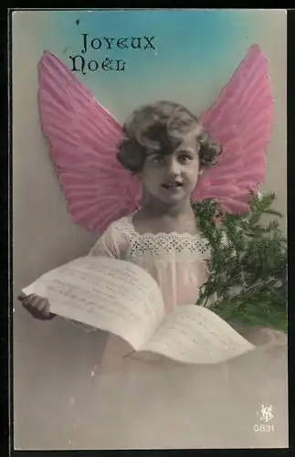 AK Weihnachtsengel mit einem Gesangsbuch und Tannenzweigen, Joyeux Noel