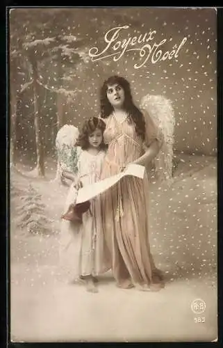 AK Zwei Weihnachtsengel im Schnee, Joyeux Noel