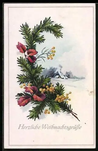 AK Tannenzweig vor einer Schneelandschaft, Herzliche Weihnachtsgrüsse