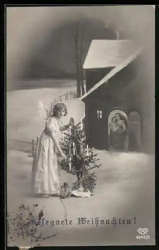 AK Weihnachtsengel mit einem Weihnachtsbaum, Gesegnete Weihnachten