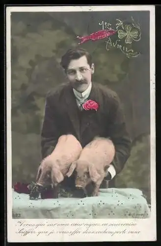 AK Mann mit Rosen und zwei Ferkeln, 1er Avril