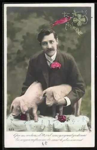 AK Mann mit zwei Ferkeln und Rosen, 1er Avril