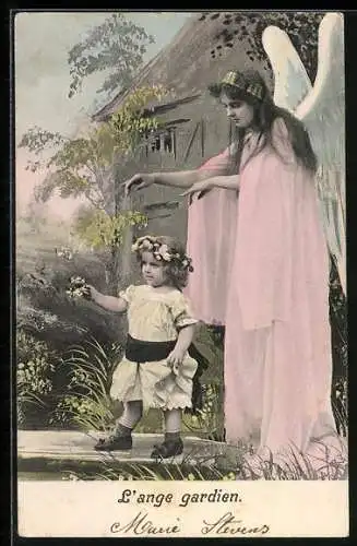 AK Schutzengel wacht über ein Kleinkind mit Blumen, L`ange gardien