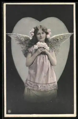 AK Engel mit Rosenstrauss