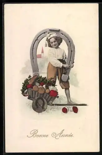 AK Kind mit Karren und riesigem Hufeisen, Bonne Année