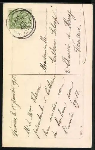 AK Kind mit Karren und riesigem Hufeisen, Bonne Année