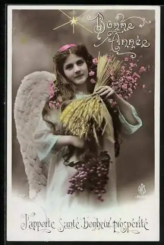 AK Neujahrsengel mit Weizen und Trauben, Bonne Année