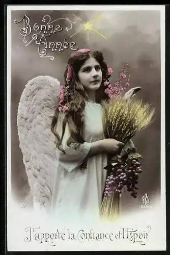 AK Neujahrsengel mit Weizen und Trauben, Bonne Année