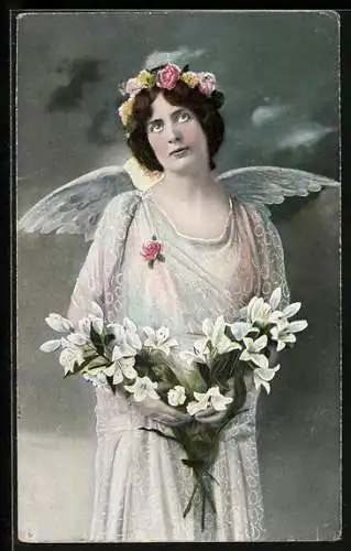 AK Engel hält Blumen in den Händen