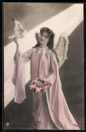 AK Engel mit Blumenkranz und Taube